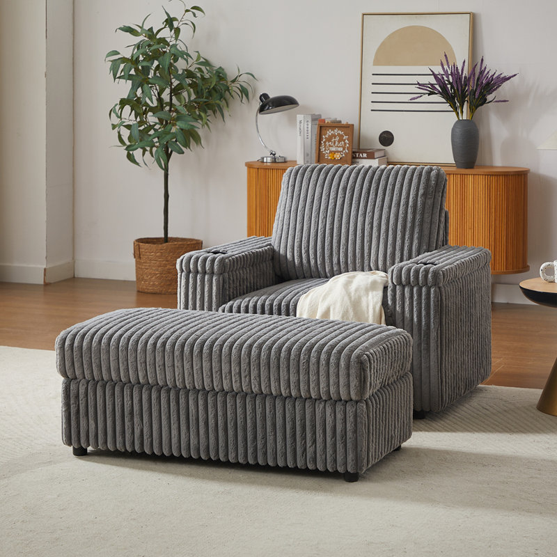 Fauteuil inclinable simple en velours côtelé de 42,5 po avec coussin de dossier, porte-gobelet, repose-pieds de rangement, canapé de salon confortable et profond
