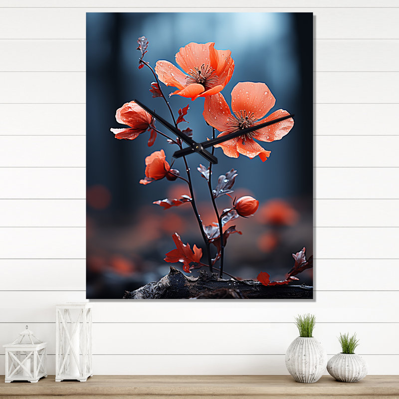 Horloge murale moderne rouge, rouge, bleu, fleurs et coquelicots, H 32 po x l 16 po x P 1 po