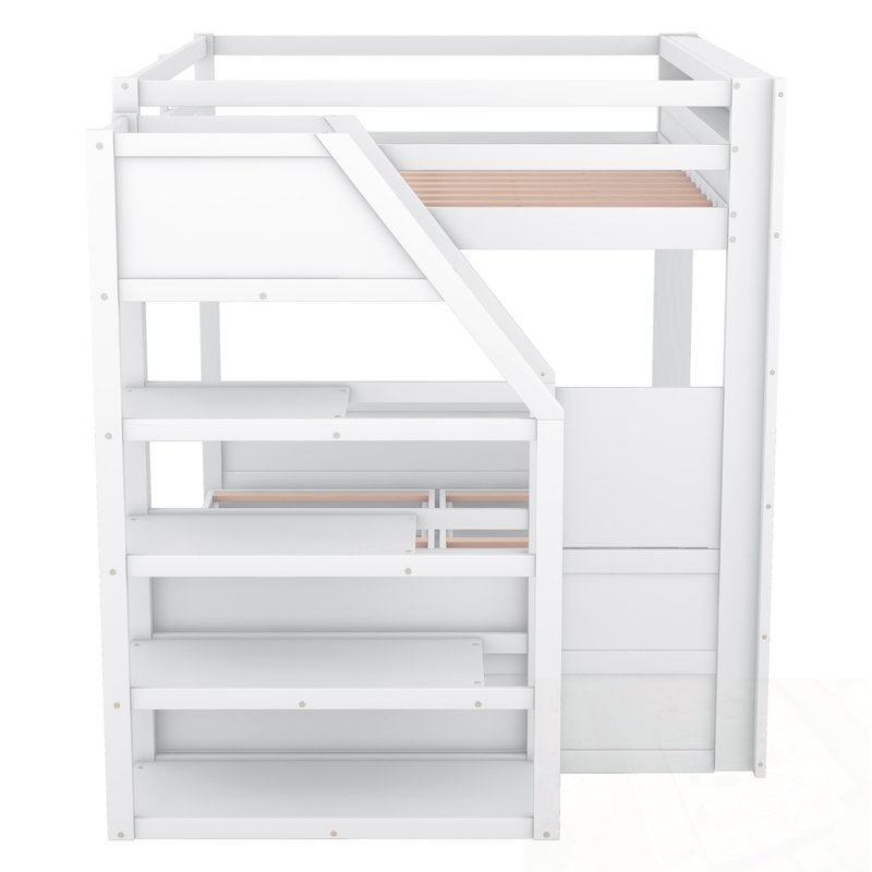 Lit superposé convertible en bois avec escalier de rangement, White