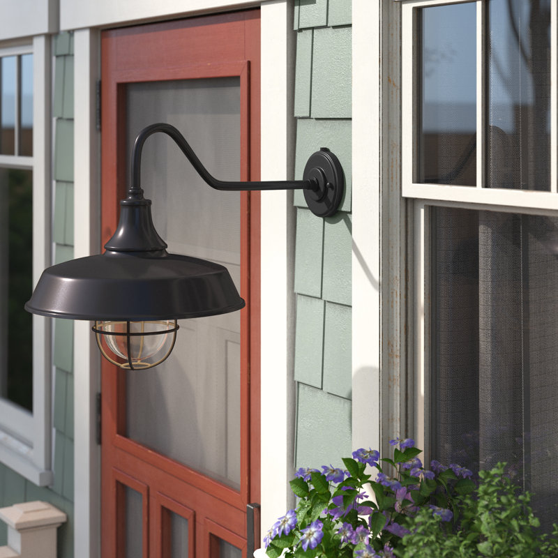 Gunnora 16.75 in. H 1-Light Dark Bronze and Light Gold Dusk to Dawn Sensor Farmhouse Outdoor Wall Sconce, Gooseneck Clear Glass and Metal Cage Shade for Exterior Porch Patio Front Door or Garage