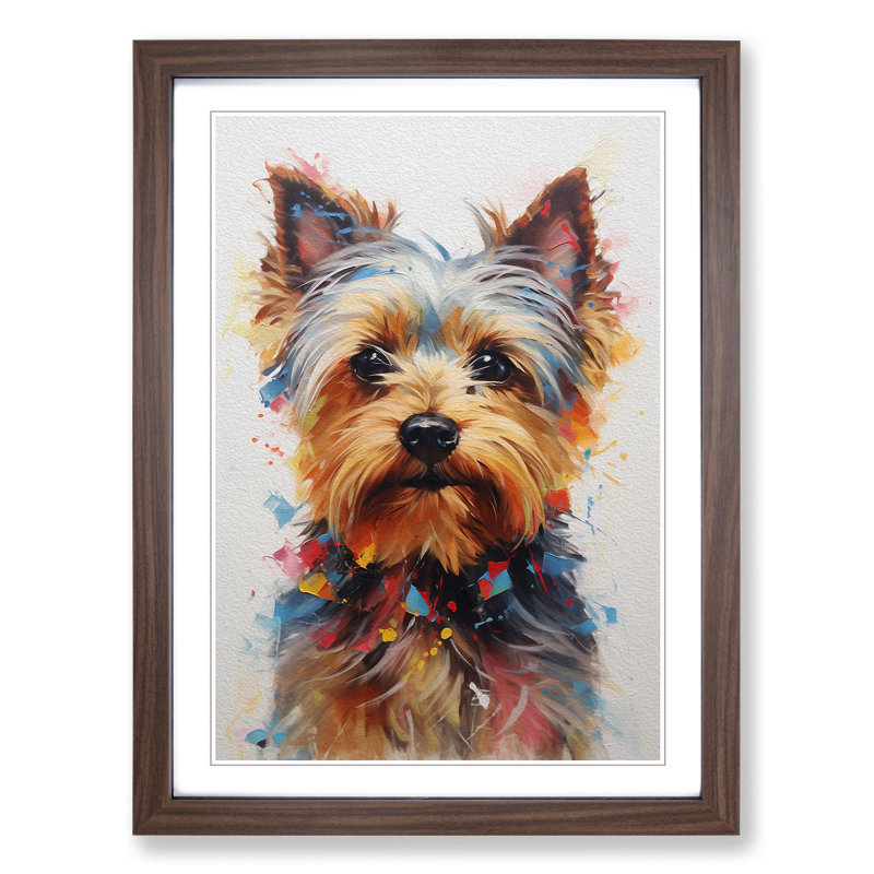 Yorkshire Terrier Hard Edge Painting - Single Picture Frame Print on Wood, 46cm H x 34cm W x 2cm D, Walnut
