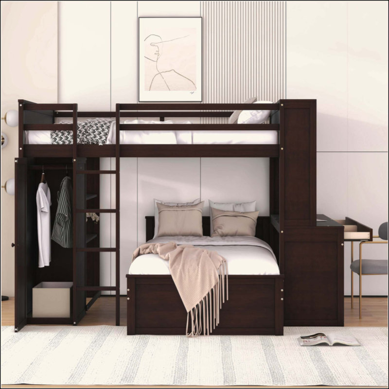 Lit mezzanine avec lit autonome, tablettes, bureau et garde-robe, Espresso