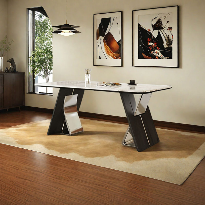 Table de salle à manger rectangulaire en pierre frittée, Argenté / Noir, H 29,53 po x L 55,12 po x l 31,5 po