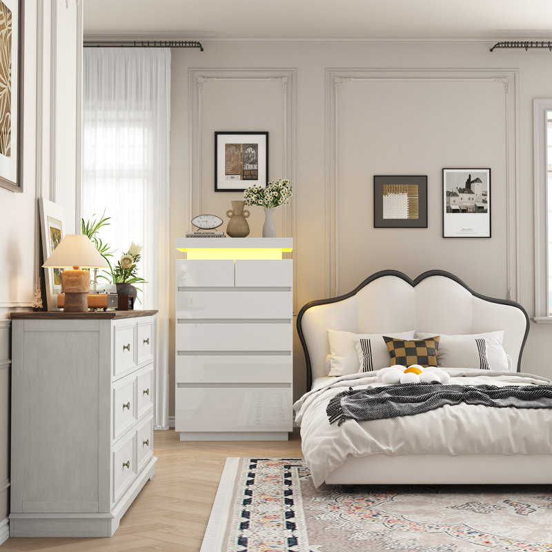 Ensemble de rangement vintage 2 pièces pour chambre à coucher avec commode haute à 6 tiroirs et commode à 6 tiroirs éclairées par DEL