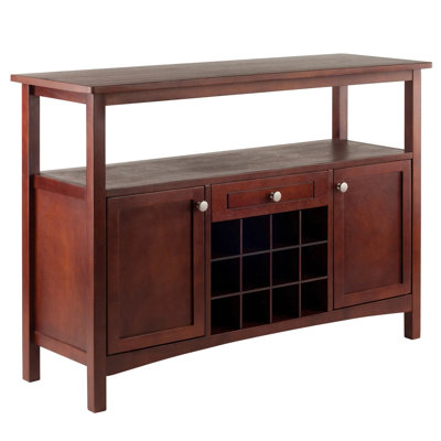 Transitional Walnut Solid Composite Wood Buffet Sideboard Cabinet with 12‑Bottle Wine Grid, Open Shelf, Drawer and Dual Side Storage Cabinets