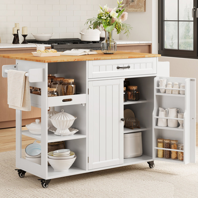 51" Rolling Kitchen Island Cart with Solid Rubberwood Drop-Leaf Countertop, Storage Cabinet, Adjustable Shelf and Locking Casters