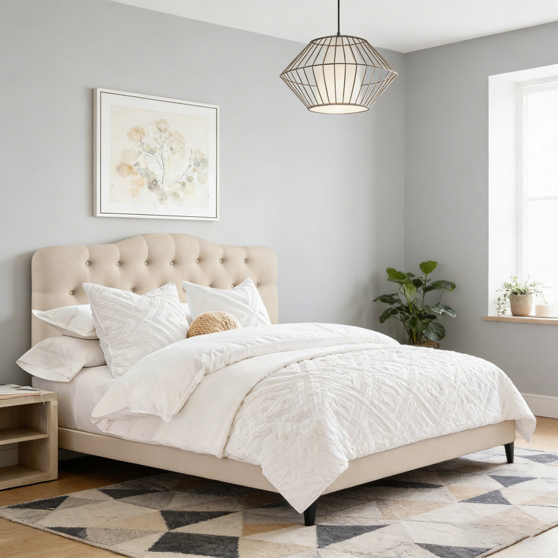 Linen Upholstered Headboard-Modern-Adjustable Height-Button Tufting, Beige, Queen