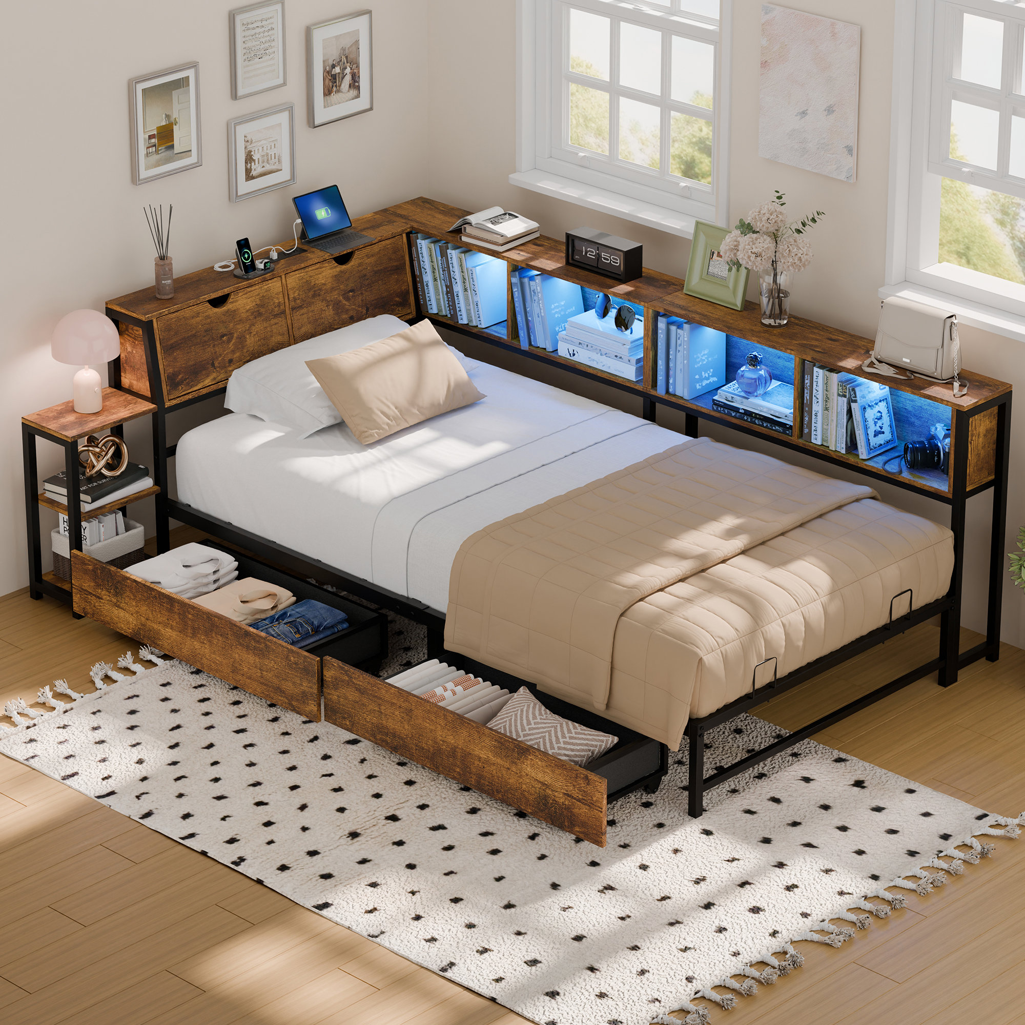 Brayden Studio Corner Bed Frame With Drawers, Bookcase & Bedside Rack ...