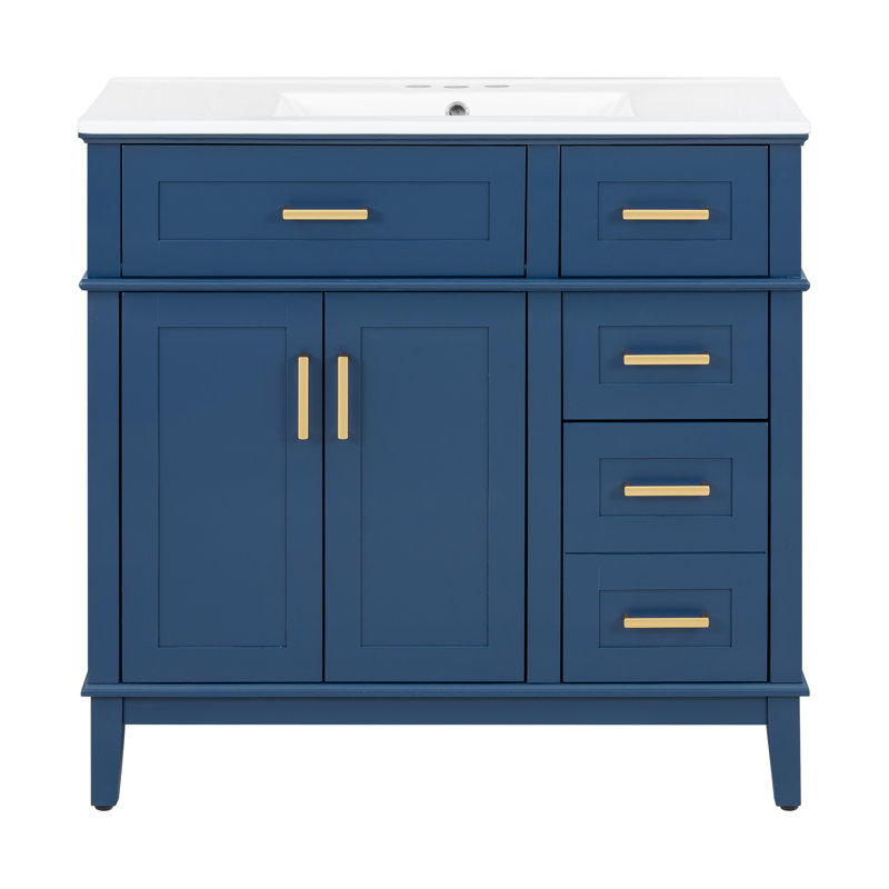Meuble-lavabo simple 36 po avec comptoir en céramique 36 po, Bleu, Doré
