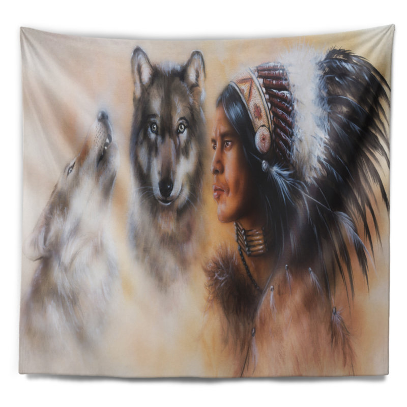 Guerrier indien avec la tapisserie de deux loups Animal, H 32 po x l 39 po