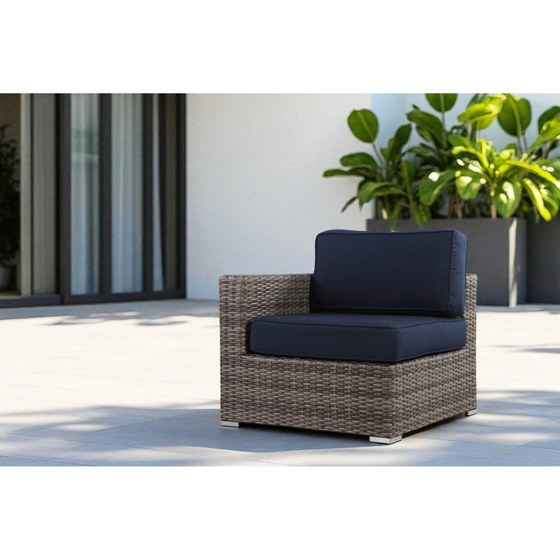R L Sectional One - Arm Modular Patio Chair With 5 Inch Thick Seat And 7 Navy Blue Cushions, Weather Aluminum Frame, No Assembly Required, Ideal For Outdoor Lounge Chair, Back Open Cell Foam Machine