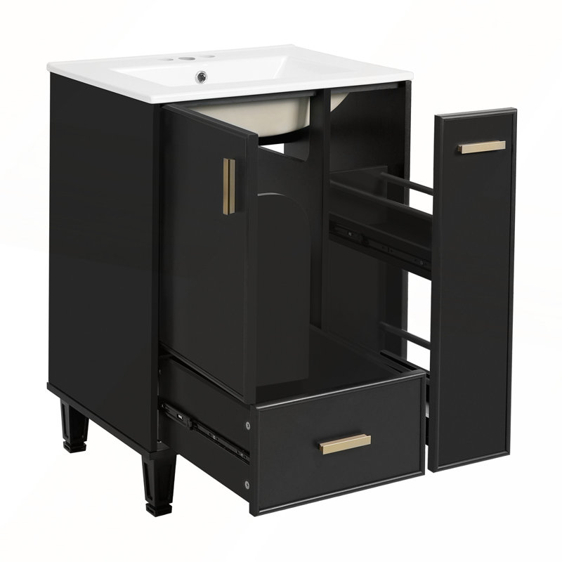 Meuble-lavabo de 24 po avec lavabo, structure en bois massif, tiroir profond et panier coulissant à 2 niveaux, Noir
