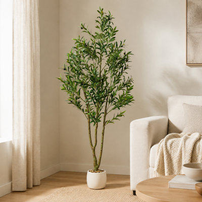 7' Artificial Olive Tree in White Planter with Realistic Leaves and Olive Fruits for Indoor/Outdoor Use
