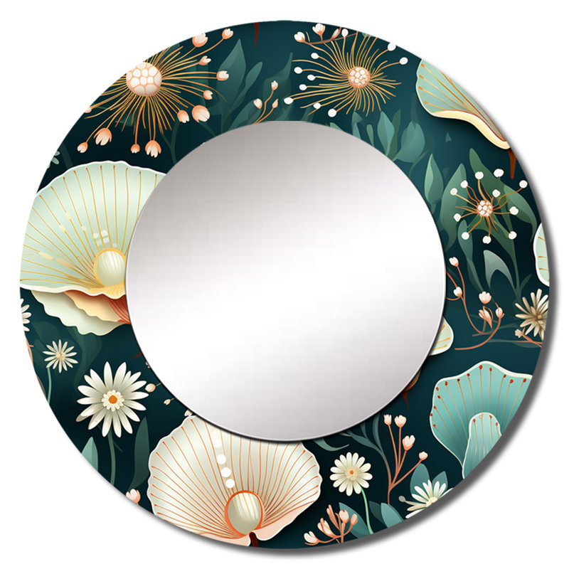 Motif côtier de coquillages côtiers - miroir décoratif bord de mer, miroir mural rond bleu, impression d'art en métal