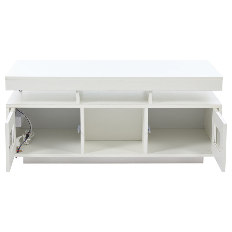 Table basse Aroa moderne ultrabrillante avec lumières DEL, ports USB et rangement caché, Blanc
