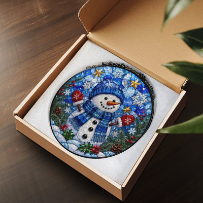Snowman Wearing Blue Stained Glass Panels Suncatcher for Window Decor