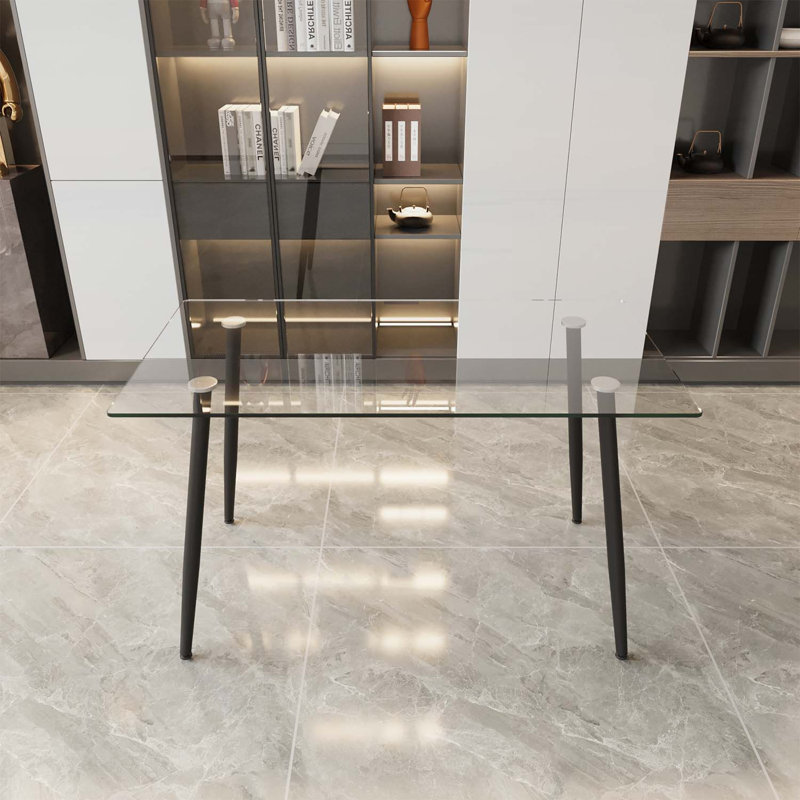 Table de salle à manger de 51 po en verre rectangulaire minimaliste moderne pour 4 à 6 personnes avec plateau en verre trempé de 0,31 po et pieds en métal noir, bureau de table d'écriture, pour la cuisine, le salon et la salle à manger (0 dégât)