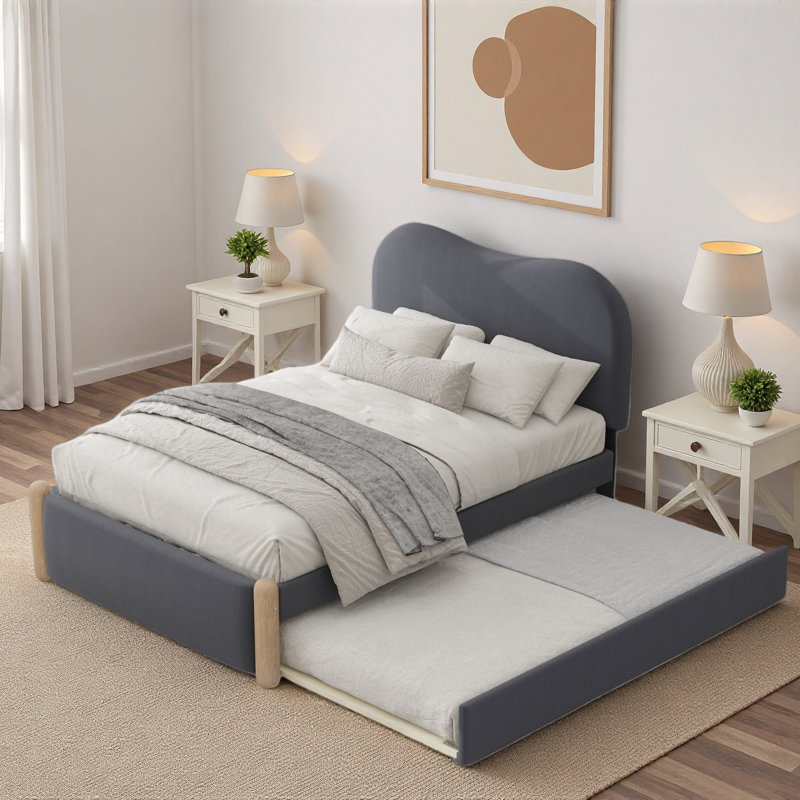 Lit plateforme tapissier avec lit gigogne, Gris, Lit simple