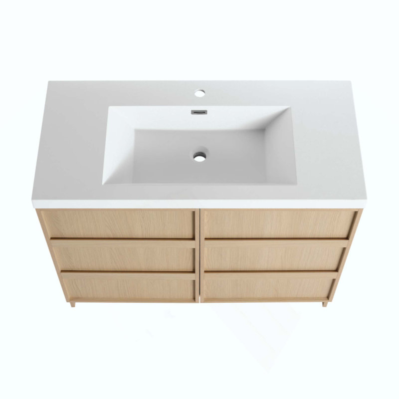 Meuble-lavabo autoportant avec lavabo en résine et 2 portes d'armoire à fermeture en douceur, contreplaqué, chêne Dune