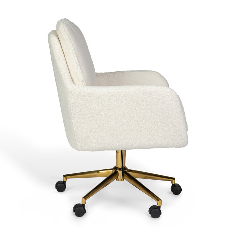 Martha Stewart Clara Upholstered Swivel Home Office Chair With Double Cushions, Brass, White