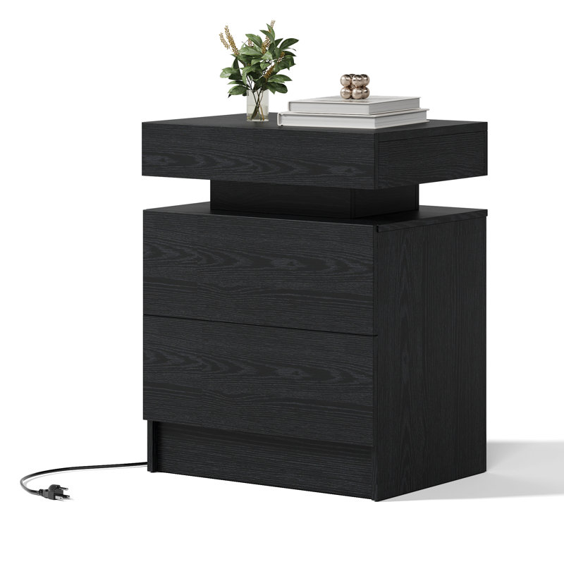 Westerly Modern Style Wooden Nightstand with LED Light and Storage Drawers, Black, 2