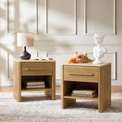 Bramwell 18.9"H 1-Drawer Nightstand with Travertine Stone-Look Top and Open Storage (Set of 2)
