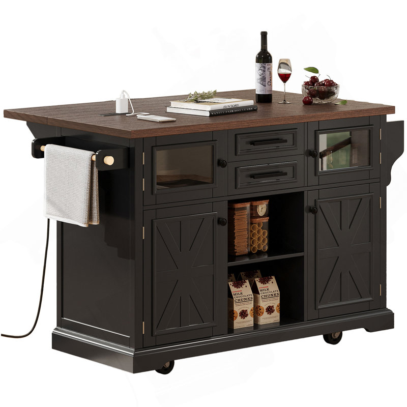 54.9" Kitchen Island With Drop Leaf, Power Outlet, Kitchen Storage Cart With 4 Door Shelves, Cross Barn Doors & Visual Glass Door, Rolling Kitchen Island On 4 Wheels For Kitchen, Dining Room,Black