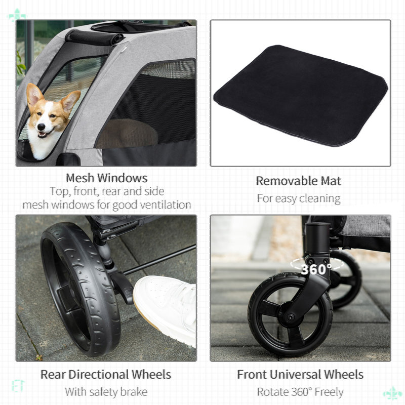 Poussette pour animaux avec roue de rangement universelle ventilée pliable, Gris