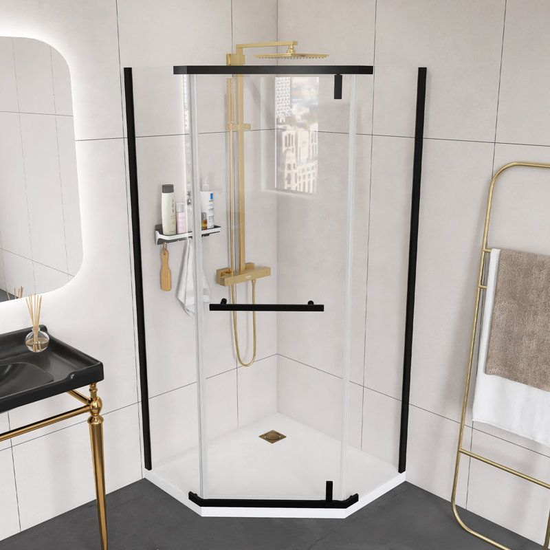 Matte Black Finish 34.75 In. X 72 In.Frameless Neo-Angle Pivot Shower Door,With 1/4 Inch Thick Tempered Glass, Matte Black