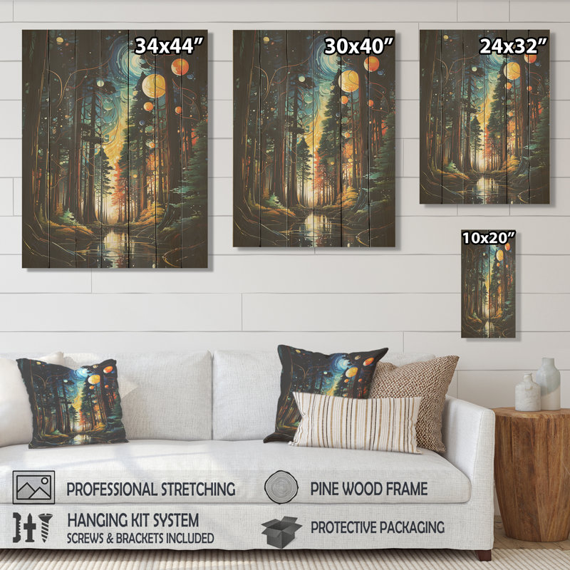 «Moonlight River Retreat Into The Forest II» - Forêt et rivière sur bois, H 40 po x l 30 po