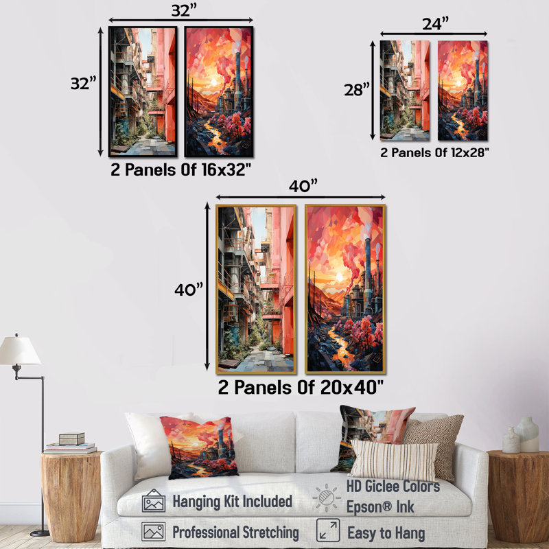 Peach Process Popart Factory - Factories Canvas Prints Set Of 2, 28" H x 25" W, Wrapped Canvas
