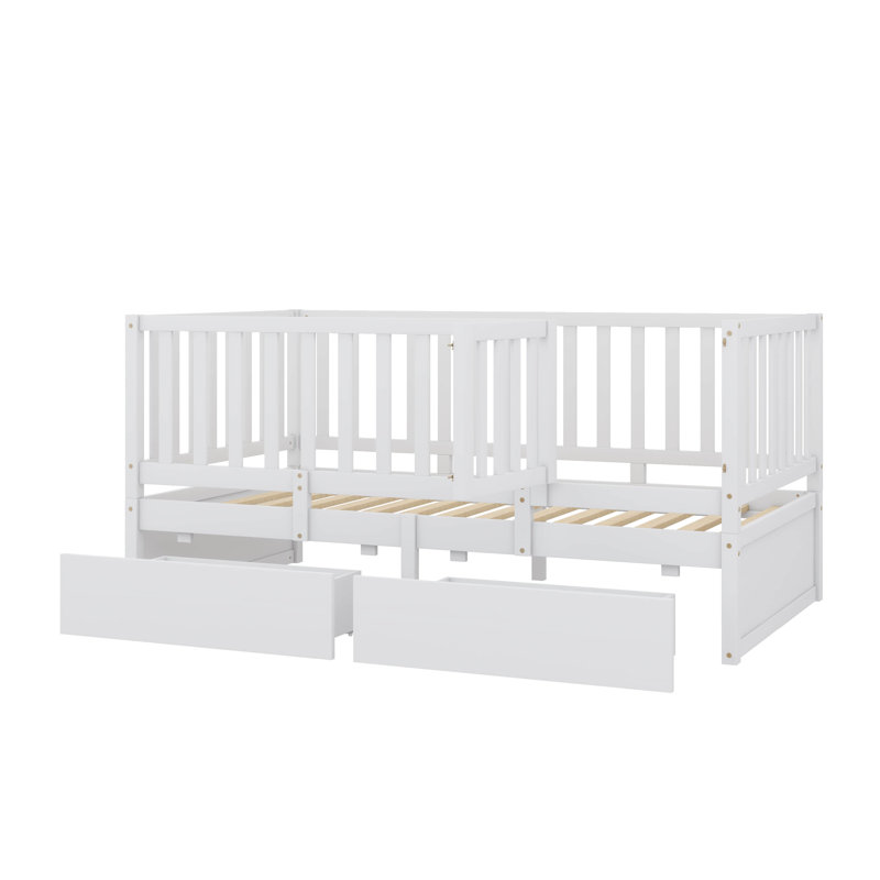 Lit de jour simple en bois avec garde-corps en forme de clôture pour la sécurité et deux tiroirs de rangement intégrés, Blanc