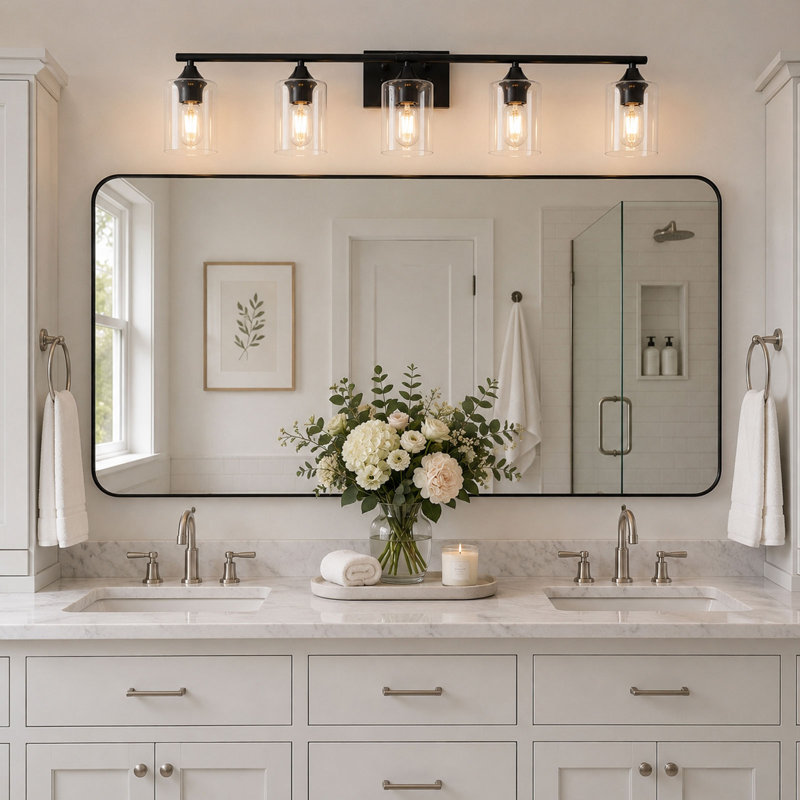 Applique murale 5 lumières pour salle de bain, noir mat avec abat-jour en verre transparent pour miroir de salle de bain et salle d'eau