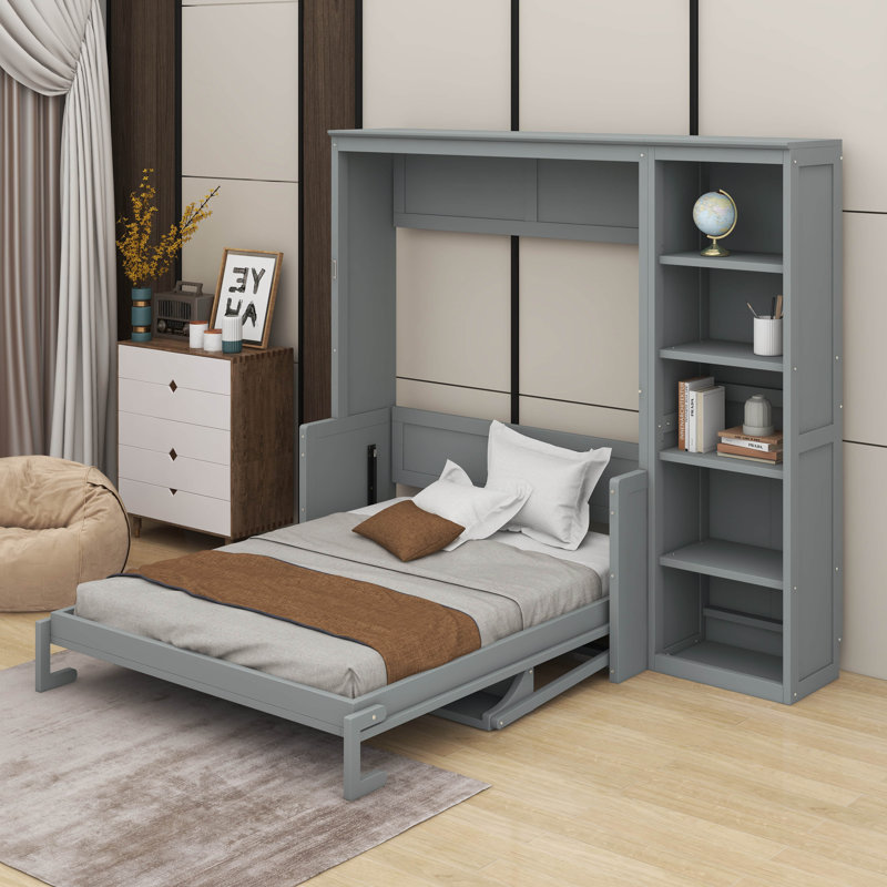 Lit escamotable double avec bureau et bibliothèque, Gris, Double