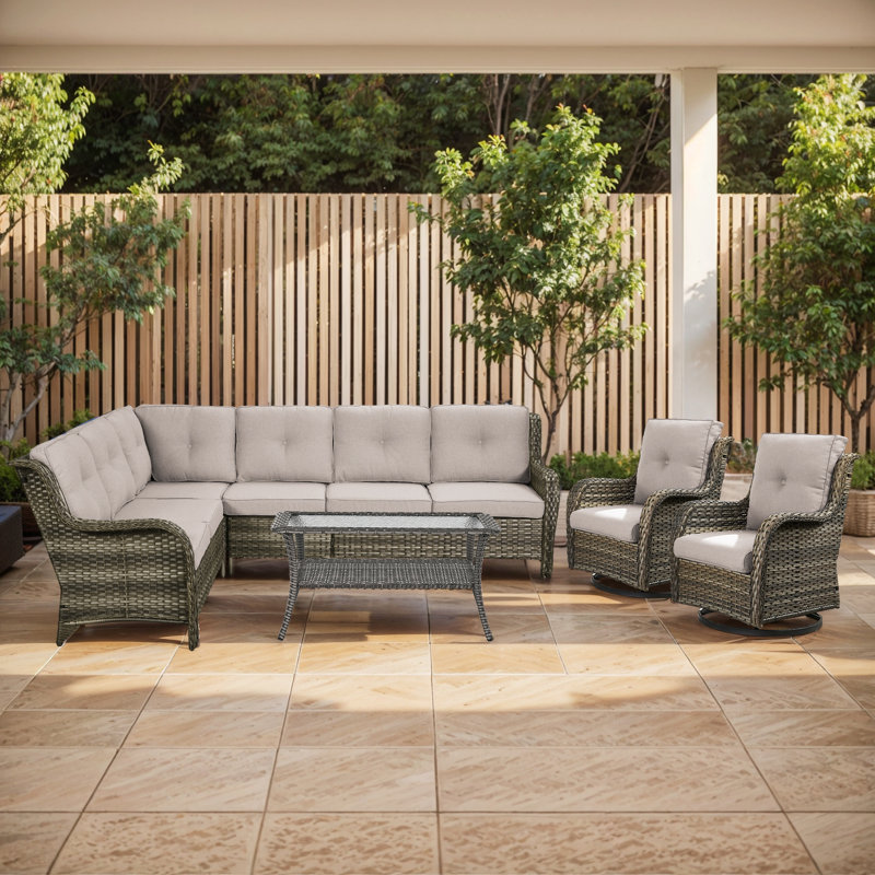7-Person Outdoor PE Rattan Sectional Seating Group With Cushions, Gray, Beige