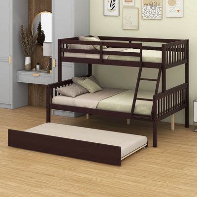 Twin Over Full Rubber Wood Bunk Bed – Twin-Size Trundle, Convertible Ladder, Guardrail & Detachable/Convertible Design