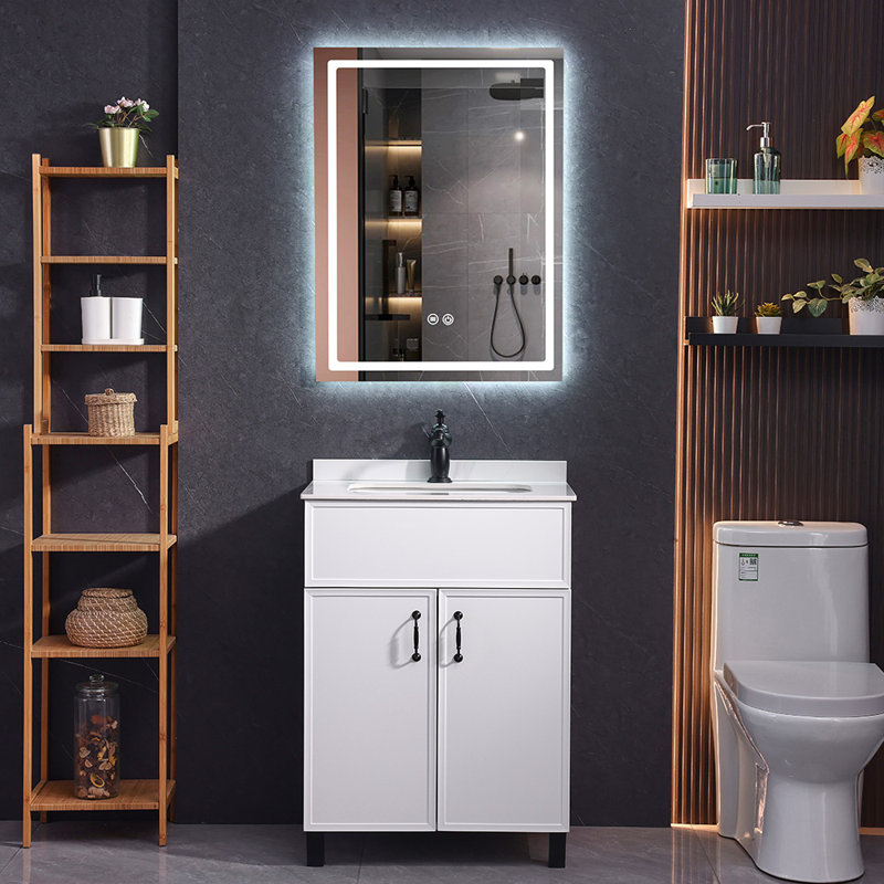 24" Freestanding Bathroom Vanity With Ceramic Sink & 24" X 32" LED Anti-Fog Mirror – White