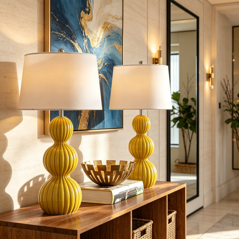 Ensemble de 2 lampes de table modernes en céramique jaune de 70,5 cm de hauteur, lampes de chevet en forme de gourde triple avec interrupteur à 3 positions pour chambre et salon.