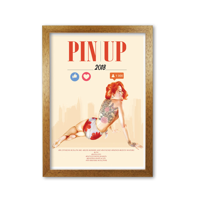 Redhead Pin Up Girl - Print, Honey Oak Frame, 42 cm H x 30 cm W x 5 cm D