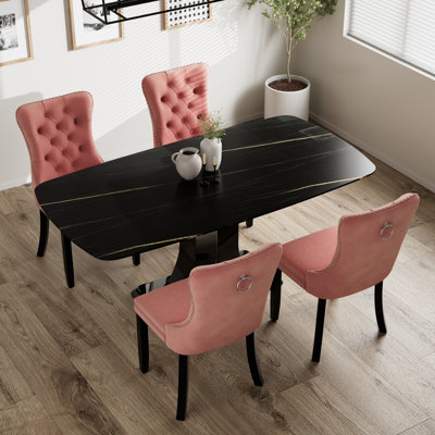 Rectangle Marble Texture Pedestal Dining Set with Velvet Tufted Dininig Chair