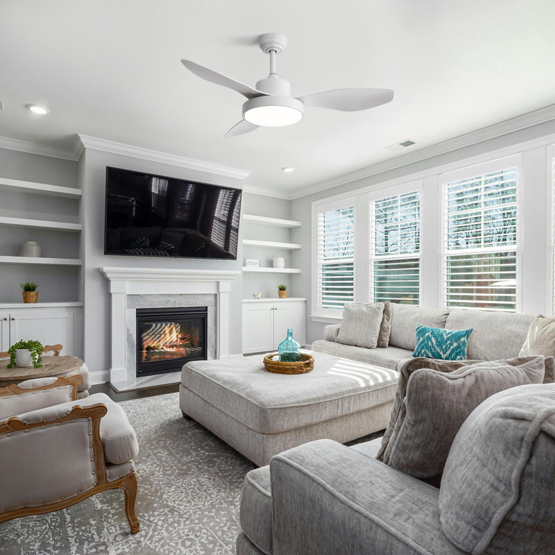 47 Inch Ceiling Fan With 22W LED Light And Remote Control 6 Speeds Reversible DC Motor White For Living Room Bedroom, White