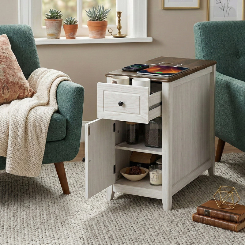Table de bout étroite étroite de 25,8 po avec station de charge cachée - Table d'appoint USB-C avec armoire de rangement et tiroir profond de 6,4 po - Table de chevet de ferme - Noir
