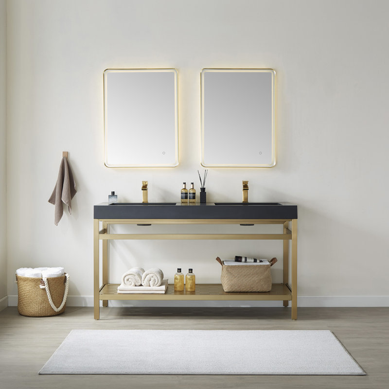 Kalvin 59.8'' Double Bathroom Vanity with Resin Top with Mirror, Brushed Gold, White, White