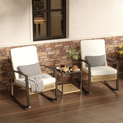 3 Pieces Patio Bistro Set Outdoor Rocking Chair and Table Set with Lumbar Pillow Patio Bistro Chair Sets for Garden Backyard Poolside