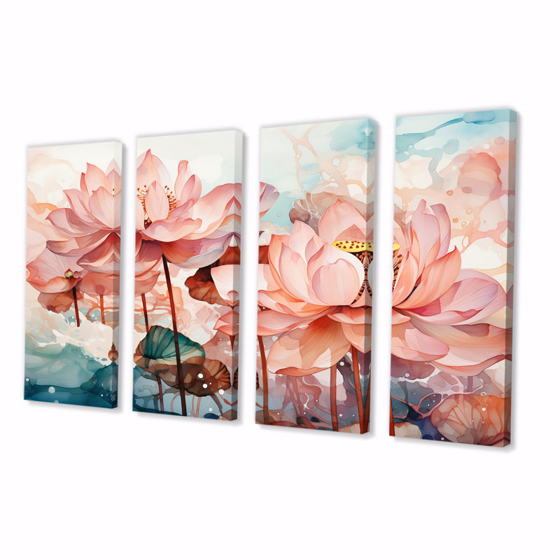 Lotus Pond, encre de Chine rose et verte - art mural 4 pièces, H 32 po x l 64 po