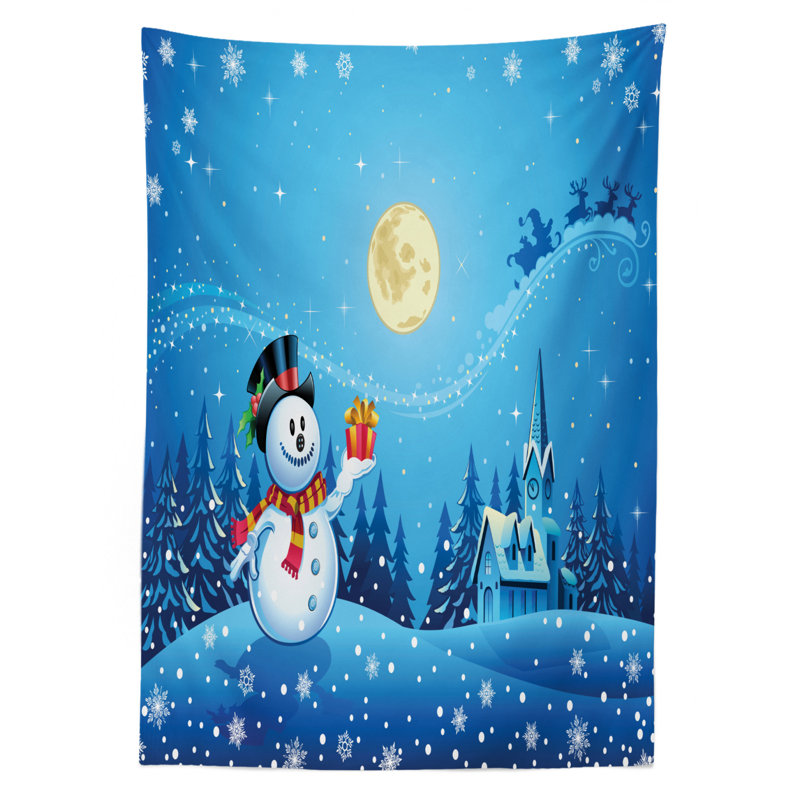 Snowman Gets the Gift From Santa Claus in Winter Night Moonlight Illustration Tablecloth, 90" x 60"