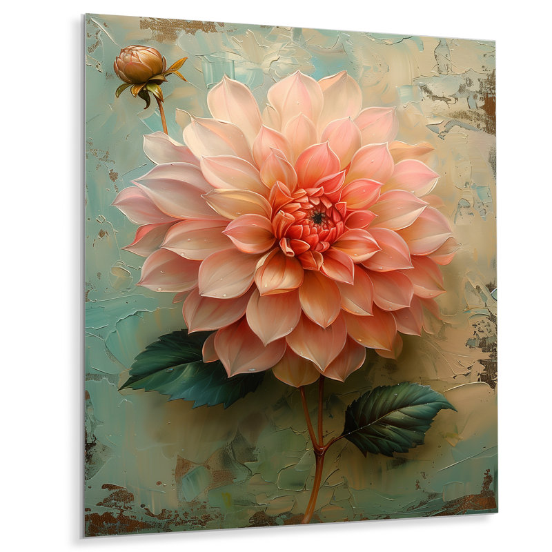Décoration murale dahlia rose rose bleu rétro - Dahlia, Sans cadre, métal, H 12 po x l 20 po