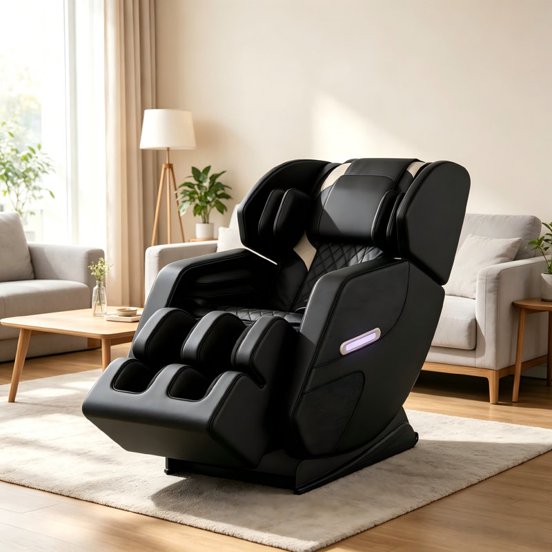 Fauteuil inclinable noir de massage de 39,82 pouces de hauteur zéro, roues mobiles, audio Bluetooth, lumières ambiantes bleues à deux côtés