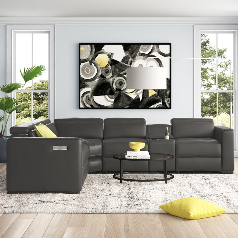 Graddy Upholstered Power Reclining Sectional Reversible, Dark Gray Genuine Leather