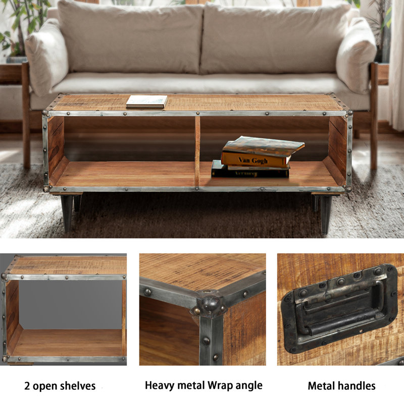Table basse à 4 pieds en bois massif avec rangement, Brun
